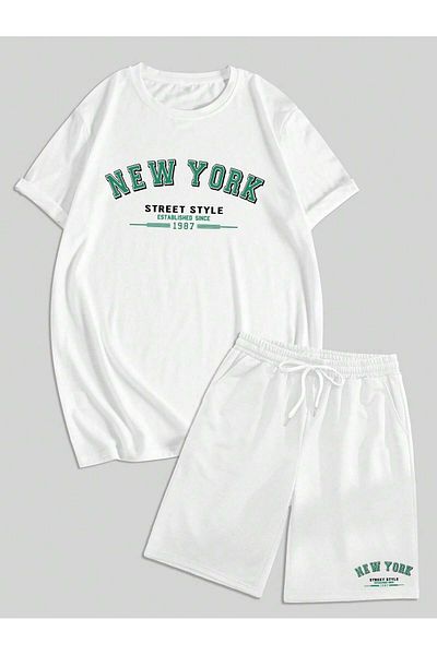 LUNAVISTA Men's Loose Drop Shoulder Letters Graphic T-Shirt and Shorts Set
