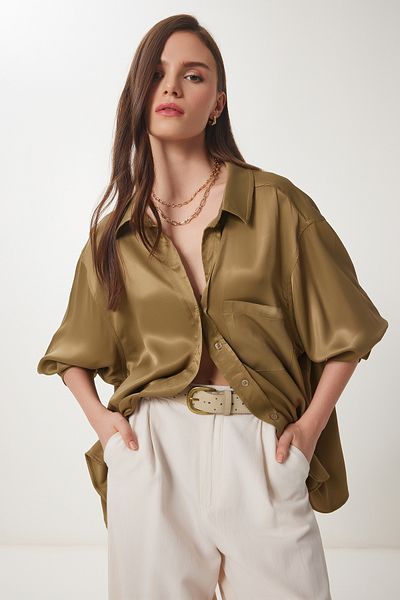 Lovelyİstanbul Cămașă oversize din țesătură din satin VERDE MĂSLINE LNS0026