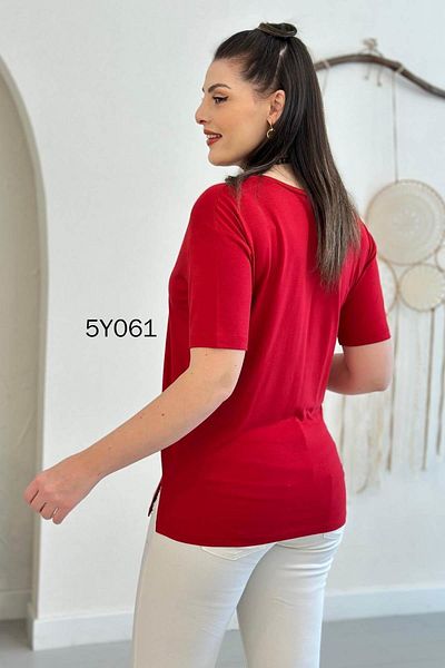 İnce Topuk V-Neck Slit Viscose Tshirt 5Y061