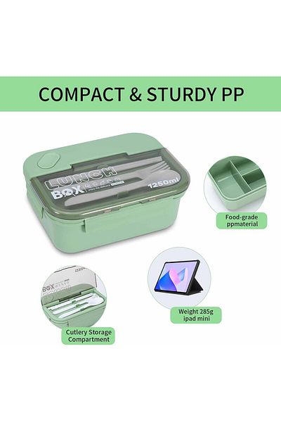 Arabest 1250ml Bento Lunch Box, With Cutlery And 2 Compartments, Leak Proof, For Picnics, School, Green