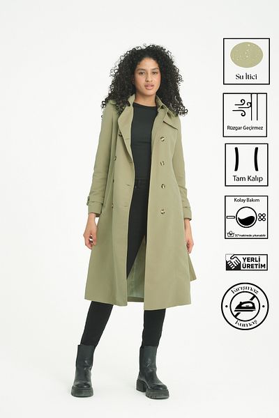 Soydan Güner Water Repellent Non-Wrinkle Fabric Medium Length Trench Coat A. Khaki 5777