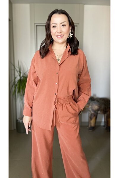 Butik Shiny Stones Shirring Soft Textured Shirt Pants Set