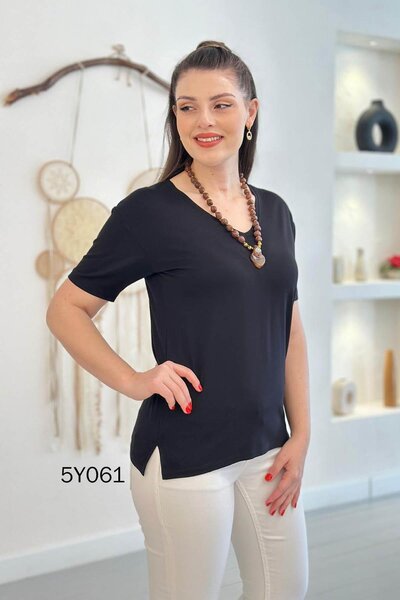 İnce Topuk V-Neck Slit Viscose Tshirt 5Y061