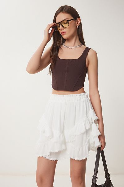 Lovelyİstanbul Pantaloni scurți cu volan Fusta mini din șifon căptușită albă Lus0096