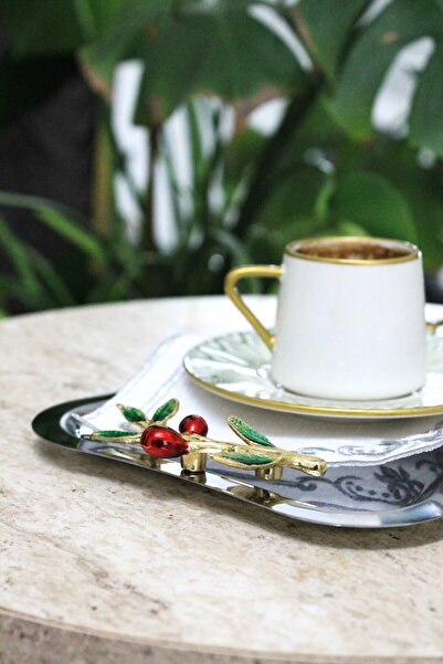 Moon Dizayn 3 KİŞİLİK İTALYAN KİRAZLI KULP TASARIM GÜMÜŞ KAHVE SUNUM TEPSİSİ