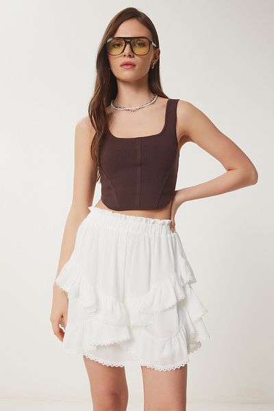 Lovelyİstanbul Pantaloni scurți cu volan Fusta mini din șifon căptușită albă Lus0096