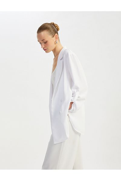 Koton Fold Detailed Crepe Fabric 3/4 Sleeve Double Breasted Long Oversize Blazer Jacket