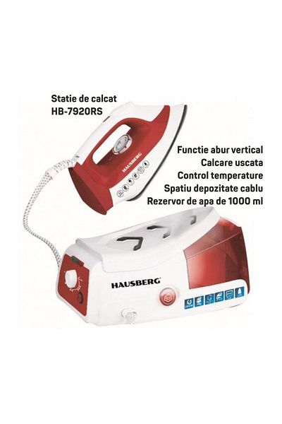 Hausberg Statie de calcat HB-7920RS, 2200W, 68g/min, 1000ml, anti-calcar, termostat, talpa ceramica, Rosu-Alb