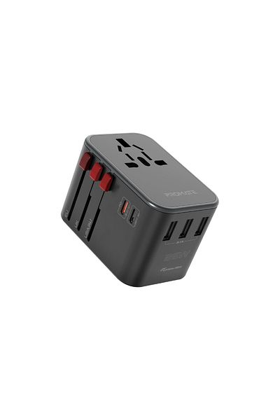 Promate Travel Adapter With 1840w Ac Socket, 20w Usb-c Pd, 15w Usb-c And 3 Usb Ports, Tripmate-36w