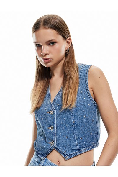 Koton Stone Detailed Sleeveless Cotton Crop Denim Vest