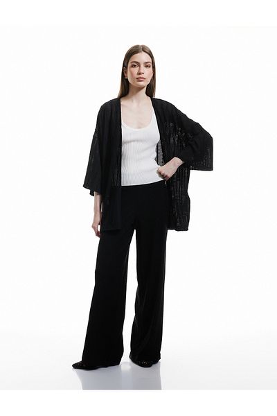 Koton 3/4 Short Sleeve Openwork Basic Knitwear Long Cardigan
