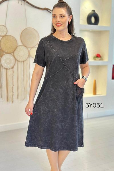 İnce Topuk Crew Neck Mesh Pocket Dress 	 5Y051