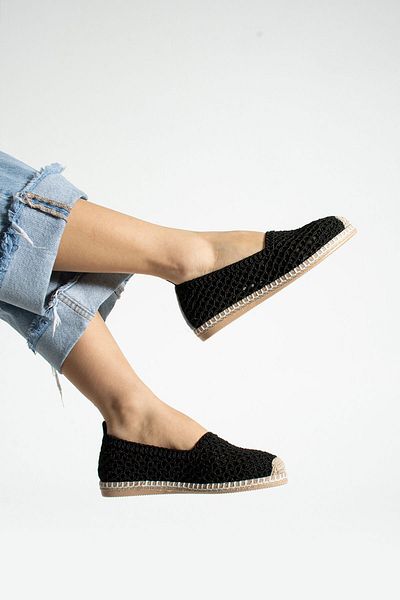 Getcho Krebs Women's Black Knitted Espadrille Straw Sole Summer Comfortable Casual Shoes Flat Sole Slip on