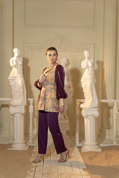 YAFA CLOTHING & ACCESSORIES Jacquard Jacket and Trousers Double Suit Cream