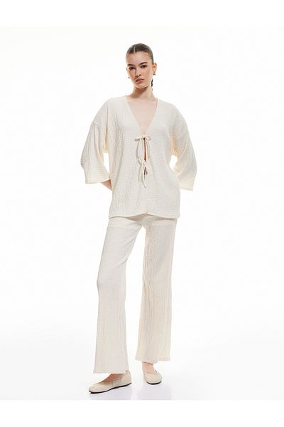 Koton Long Sleeve Textured Long Cardigan with Bow Tie Detail