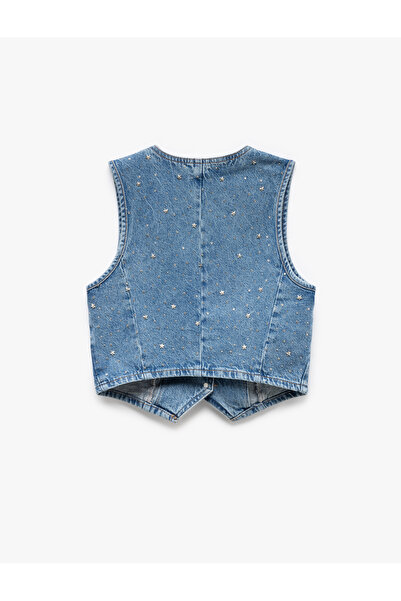 Koton Stone Detailed Sleeveless Cotton Crop Denim Vest