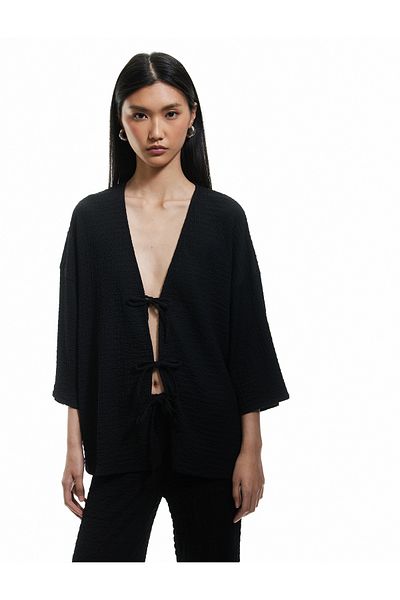 Koton Long Sleeve Textured Long Cardigan with Bow Tie Detail