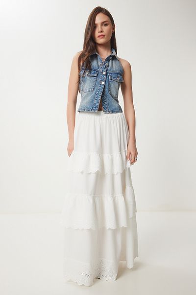 Lovelyİstanbul Long Woven Skirt with Folded Scalloped Ekru Lus0097