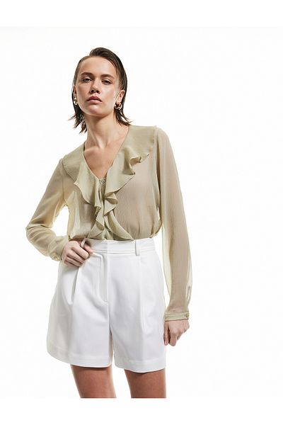 Koton Semi-Transparent Flounce Long Sleeve V-Neck Ruffle Chiffon Shirt