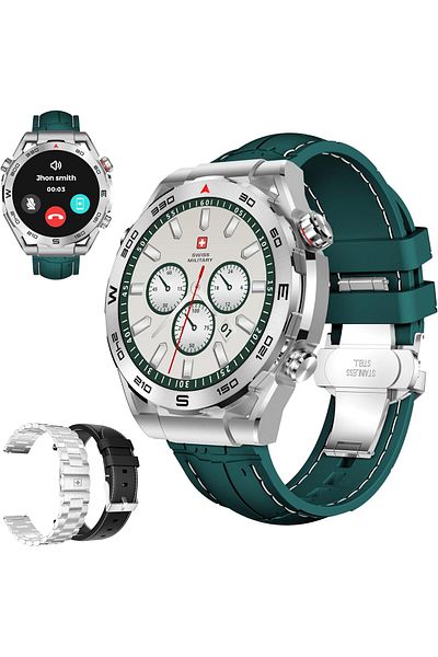 Swiss Military DOM3 Smartwatch- 1.43" AMOLED, Bluetooth Calls, HR/BP/O2 Monitoring, Wireless Charging, IP67-Green