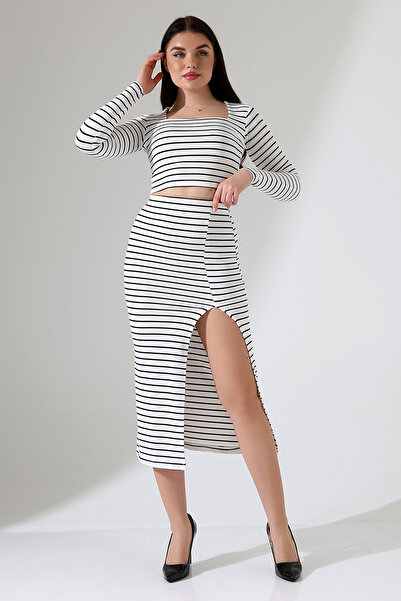 RABENBOUTIQUE Set de fuste cu mânecă lungă, cu guler pătrat, cu dungi