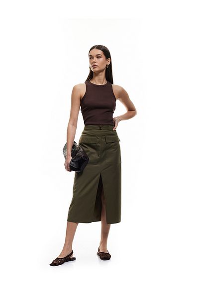 Koton Gabardine Fabric Slim Fit Clamshell Pocket Detail Slit Midi Pencil Skirt