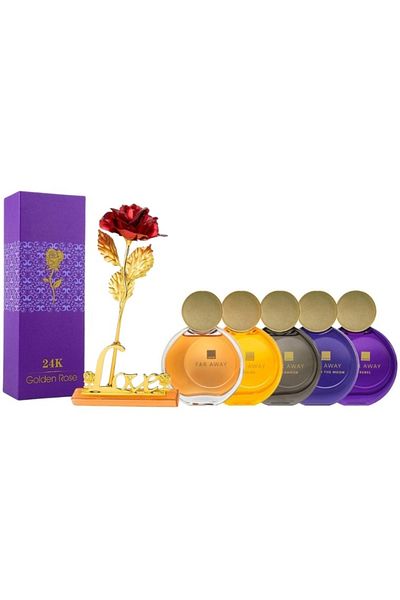 AVON Women's set, 5 Far Away perfumes and a red rose blown at the base with gold, holder and box included