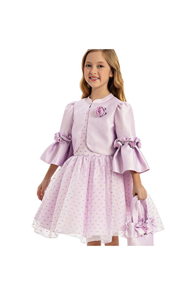 Pamina Kız Çocuk Ceketli Gül Detaylı Leylak Elbise Lila 35294
