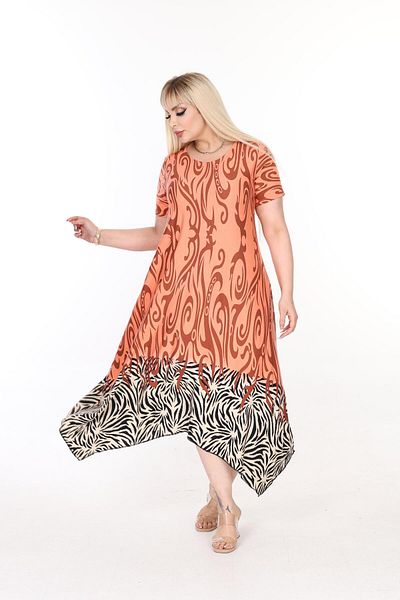 mezura tekstil Plus Size Women's Comfortable Cut Patterned Short Sleeve Asymmetric cut skirt Viscose Combed Cotton Dress