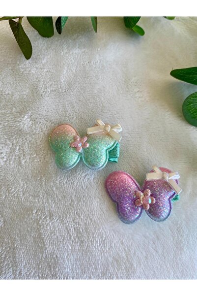 shop Kız Çocuk Kelebek Figürlü Simli Parlak Şık Bayramlık Yeşil İkili Pens Ya...