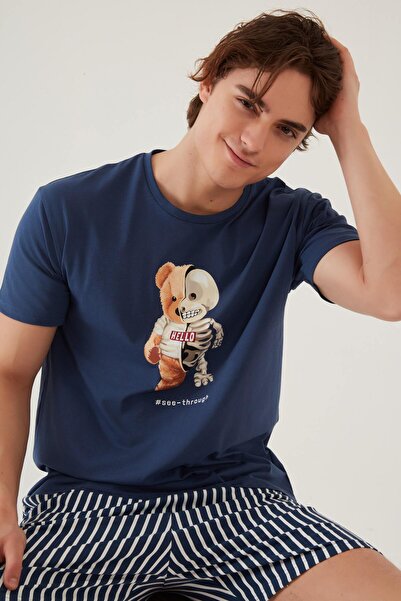 koza iç giyim Erkek Pamuklu Mavi Baskılı Cepli Şort Pijama Takımı