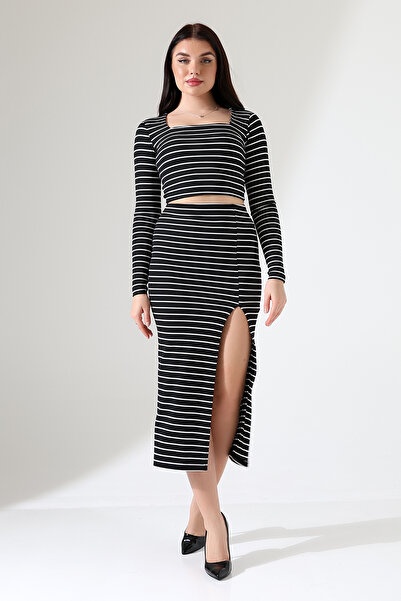 RABENBOUTIQUE Women's Square Neck Long Sleeve Skirt Slit Striped Suit