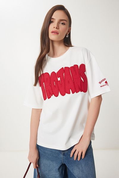 Lovelyİstanbul Bead Embroidered Slogan Cotton T-Shirt Ecru Lcr0037