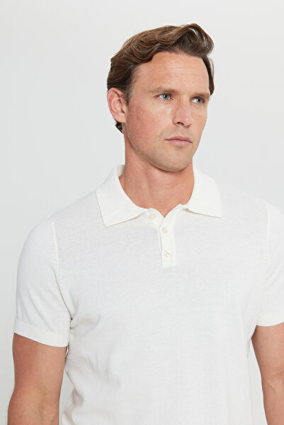 ALTINYILDIZ CLASSICS 100% Cotton Standard Fit Regular Cut Polo Neck Knitwear White Knitwear T-Shirt