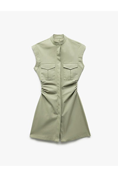 Koton Βαμβακερό ντραπέ Λεπτομερές Μίνι Φόρεμα Αμάνικο σε γραμμή Α με τσέπες