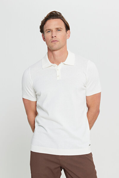 ALTINYILDIZ CLASSICS 100% Cotton Standard Fit Regular Cut Polo Neck Knitwear White Knitwear T-Shirt