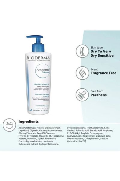 Bioderma كريم مرطب و مغذي للبشرة من بيودرما - 500 مل -