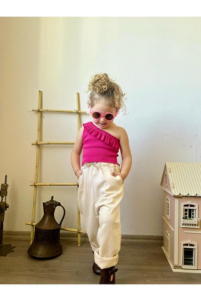 meqlife Girl's Holiday Combination Three Piece Set /Crop Linen Trousers Glasses