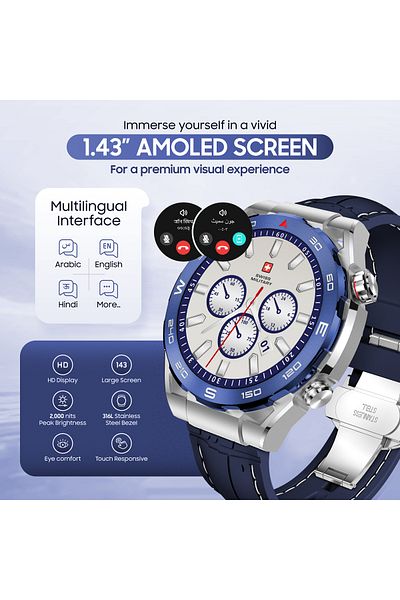 Swiss Military DOM3 Smartwatch- 1.43" AMOLED, Bluetooth Calls, HR/BP/O2 Monitoring, Wireless Charging, IP67-Blue