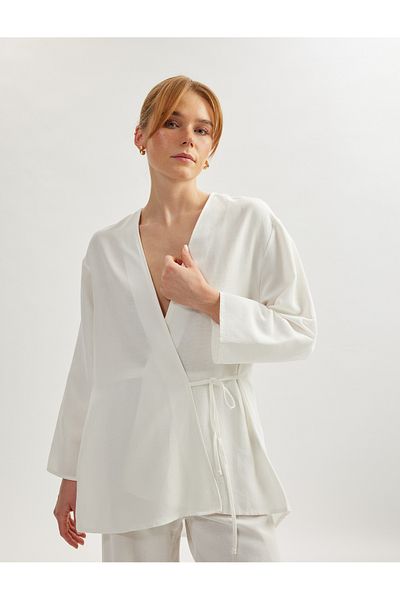 Koton Linen Blended Long Wide Sleeve Double Breasted Kimono