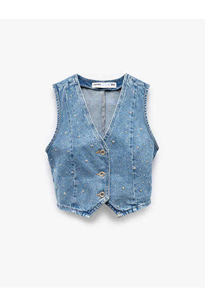 Koton Stone Detailed Sleeveless Cotton Crop Denim Vest