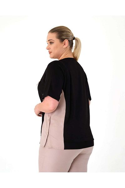 Vedi Plus Size Round Neck Short Sleeve Pocket Detailed Women's Blouse 25Yxd5035