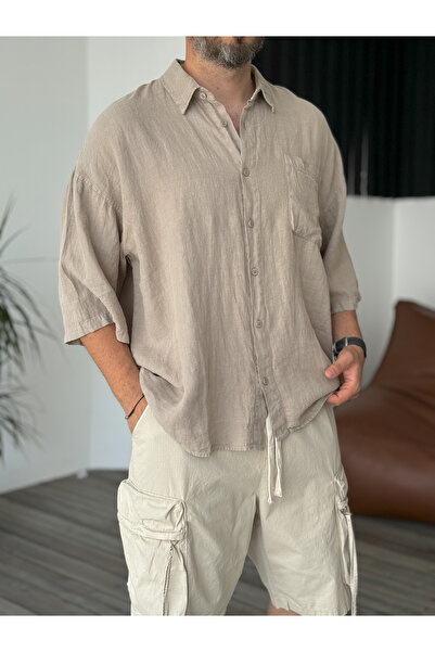 BYBASICMAN Beige Pocket Basic Linen Short Sleeve Shirt C-1692