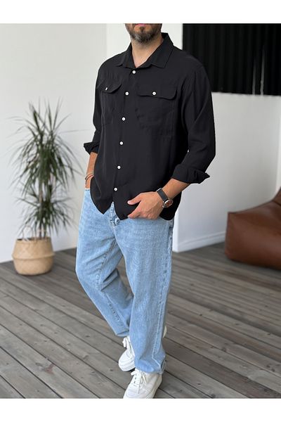BYBASICMAN Black Pocket Button Long Sleeve Shirt V-40-715