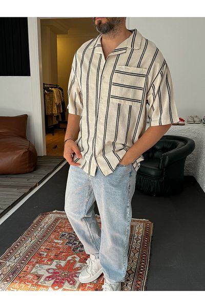 BYBASICMAN Black Knitted Striped Linen Shirt Jj-265