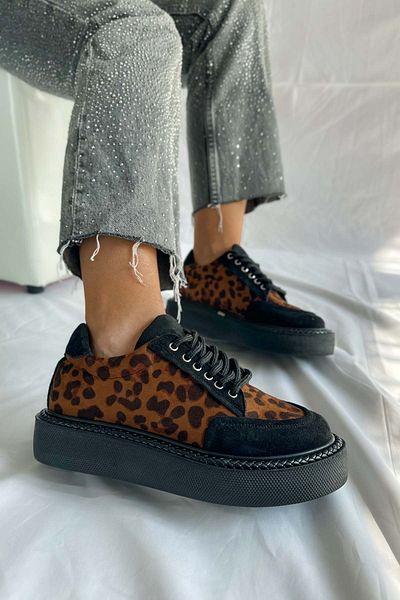 Shoebutik Tenis pentru femei Hillary Black Leopard cu șireturi