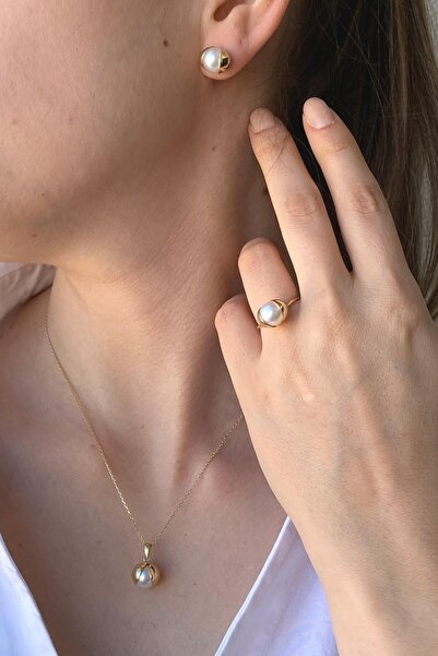 Birinci 14 Ayar Altın 10 mm Doğal İnci Küpe Kolye Yüzük Üçlü Set