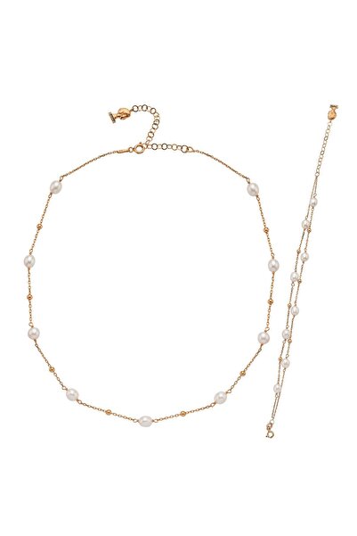 Birinci 925 Ayar Gümüş Kadın Dorika Toplu Doğal İnci Kolye Bileklik İkili Set