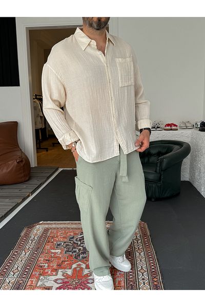 BYBASICMAN Beige Muslin Fabric Long Sleeve Shirt G-5186/5468