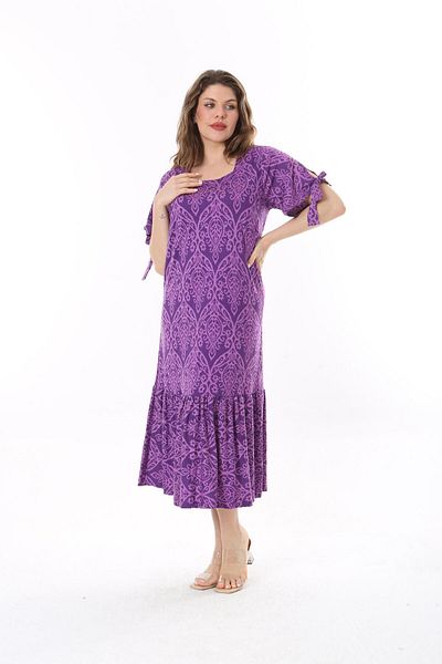 mezura tekstil Plus Size Above Knee Square Neck Tie Detailed Short Sleeve Viscose Combed Cotton Stylish Design Comfortable Dress